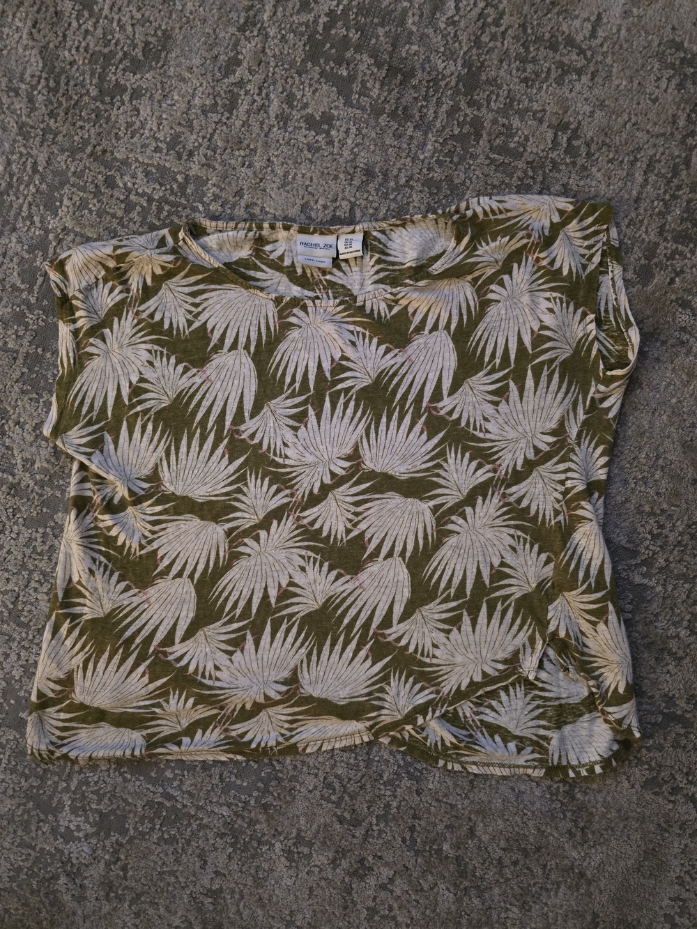 Rachel Zoe Olive Green and Cream 100% Linen Palm Print Short Sleeve Top